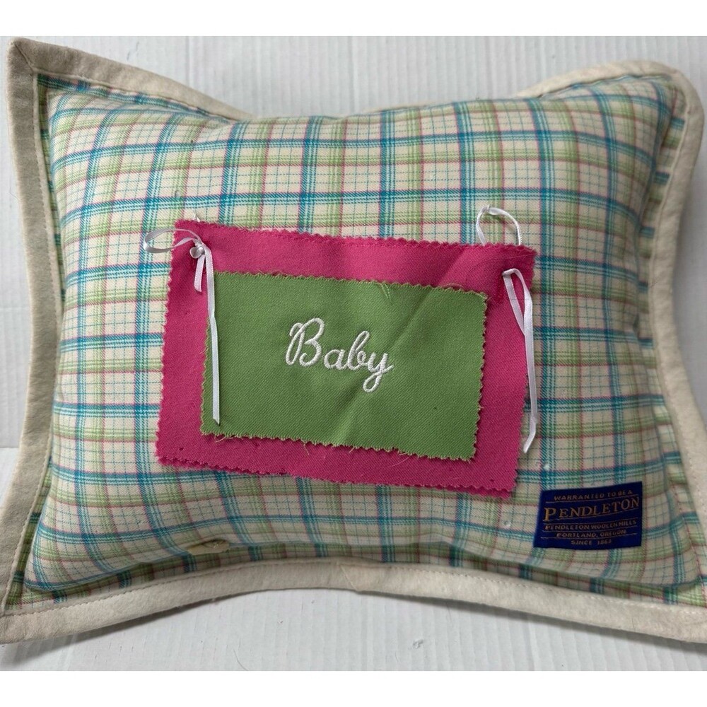 VTG Pendleton Baby Pillow Handmade Plaid Wool Blue Green Pink